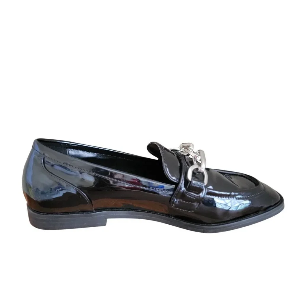 Nordstrom Rack Loafer Women Black Glossy Flat Moc Rack Jane Chain-Link Shoe 6.5M